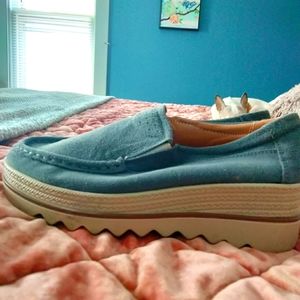 Blue suede platform loafers